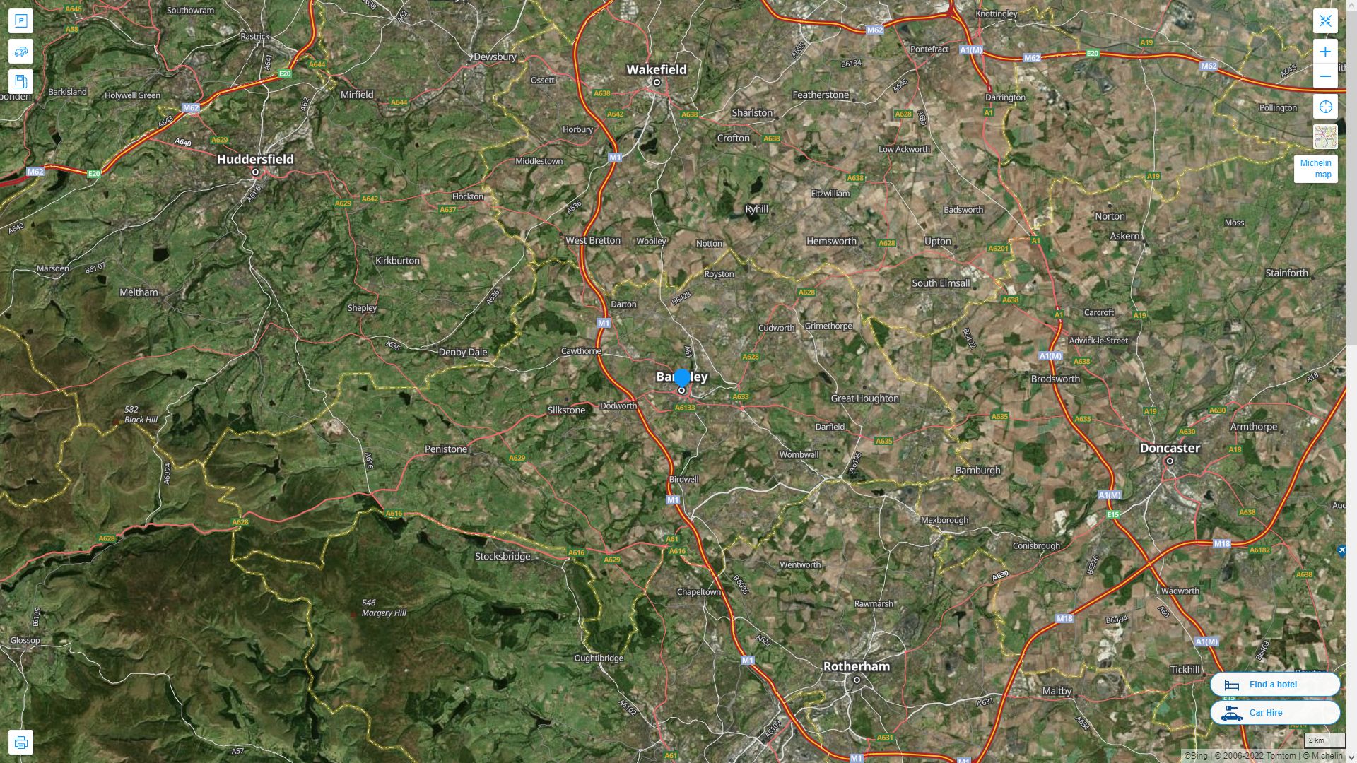 Barnsley Royaume Uni Autoroute et carte routiere avec vue satellite